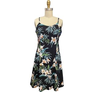 Hawaiian Ginger Orchid Black Spaghetti Dress