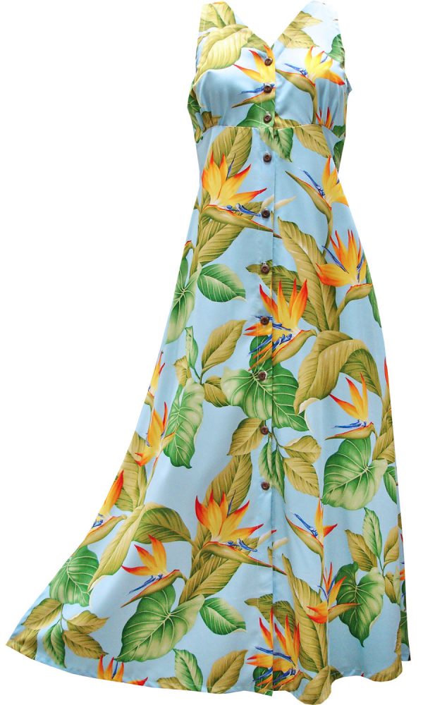 Hawaiian Airbrush Bird of Paradise Blue Button Front Tank Dress