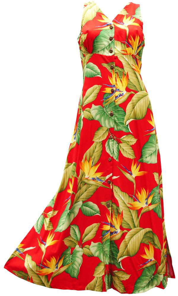 Hawaiian Airbrush Bird of Paradise Red Button Front Tank Dress