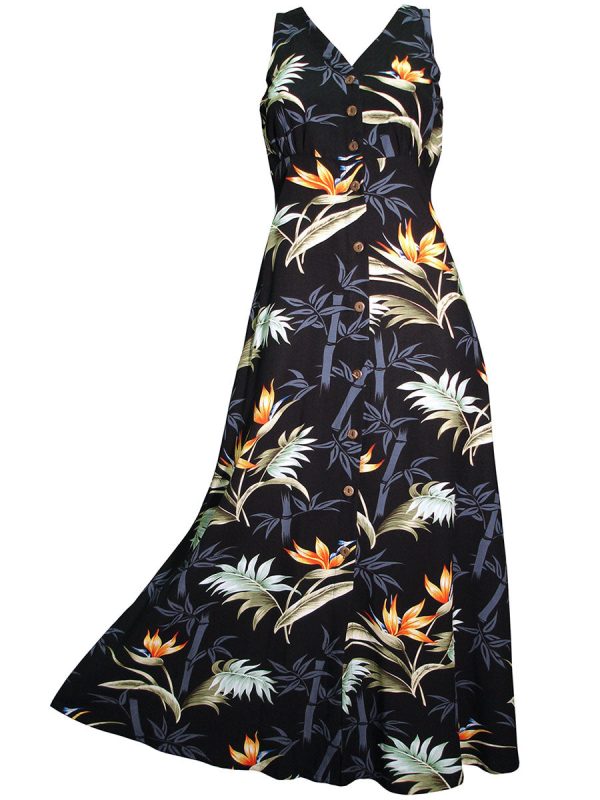 Hawaiian Bamboo Paradise Black Button Front Tank Dress