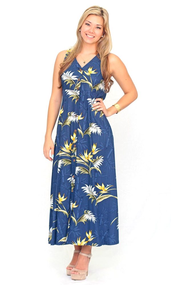 Hawaiian Bamboo Paradise Navy Button Front Tank Dress - Image 2