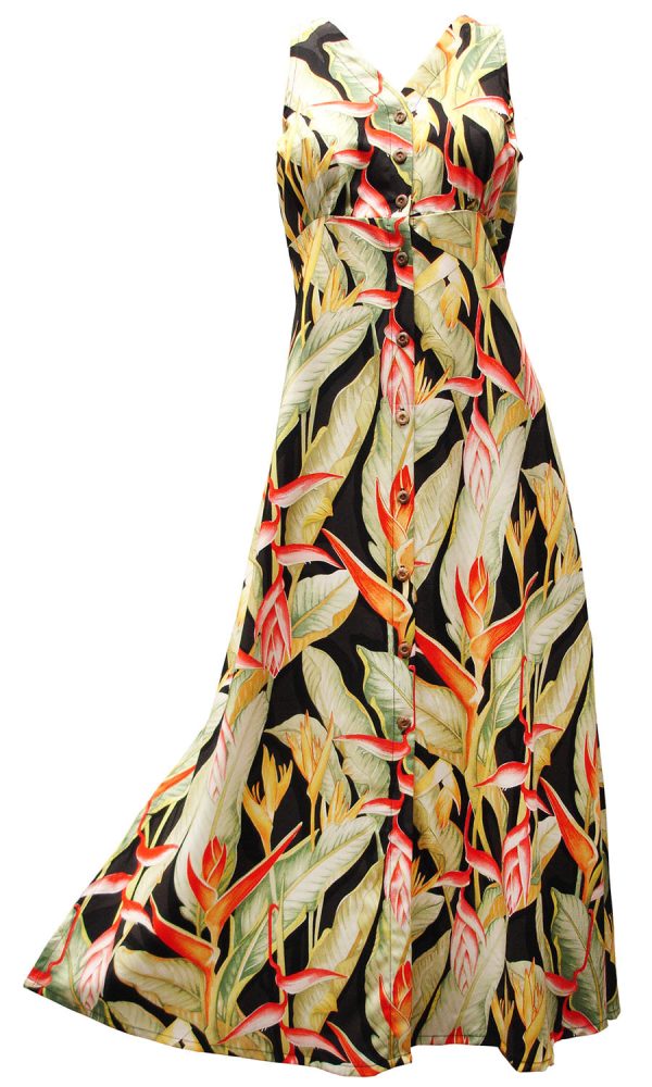 Hawaiian Heliconia Heaven Black Button Front Tank Dress