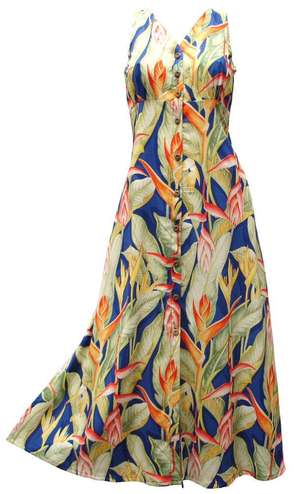 Hawaiian Heliconia Heaven Blue Button Front Tank Dress