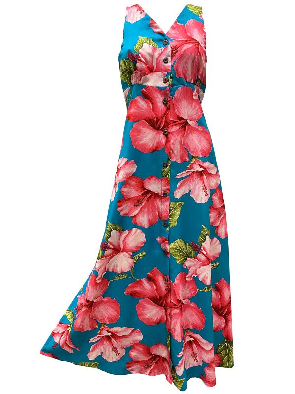 Hawaiian Super Hibiscus Teal Button Front Tank Dress