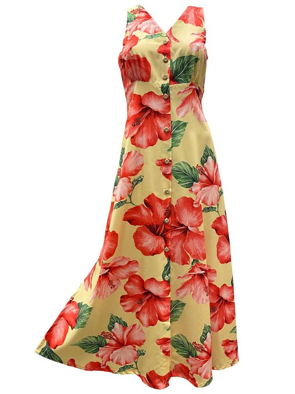 Hawaiian Super Hibiscus Yellow Button Front Tank Dress