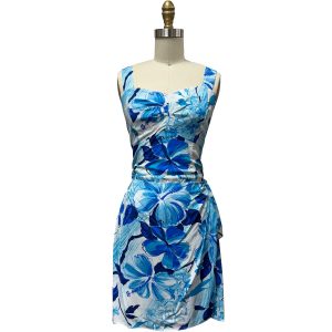 Hawaiian Watercolor Hibiscus Blue Sarong Dress