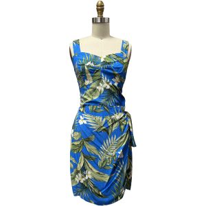 Hawaiian White Ginger Blue Sarong Dress