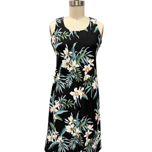 Hawaiian Ginger Orchid Black Button Front Tank Dress