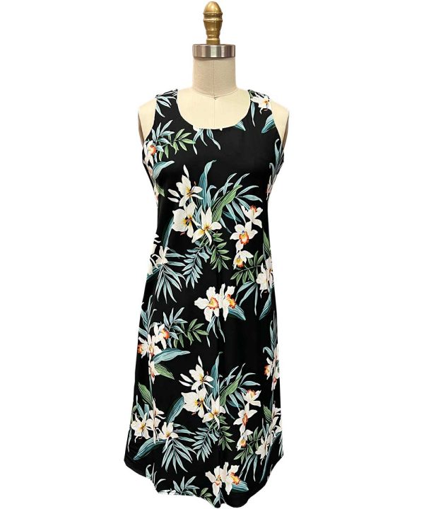 Hawaiian Ginger Orchid Black Button Front Tank Dress
