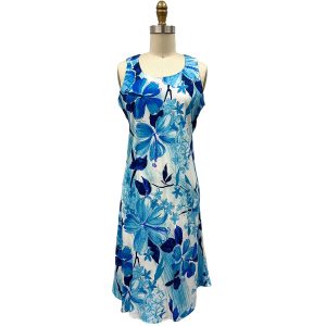 Hawaiian Watercolor Hibiscus Blue Button Front Tank Dress