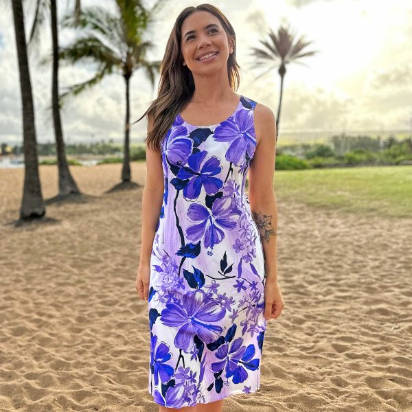 Hawaiian Watercolor Hibiscus Purple Button Front Tank Dress - Image 2