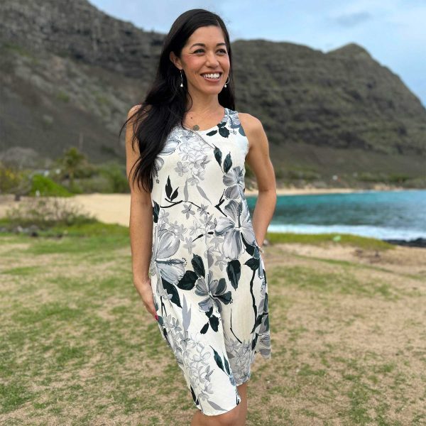 Hawaiian Watercolor Hibiscus Gray Button Front Tank Dress - Image 2