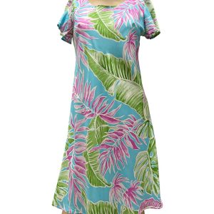 Hawaiian Cabana Palms Aqua A-Line Dress with Cap Sleeves
