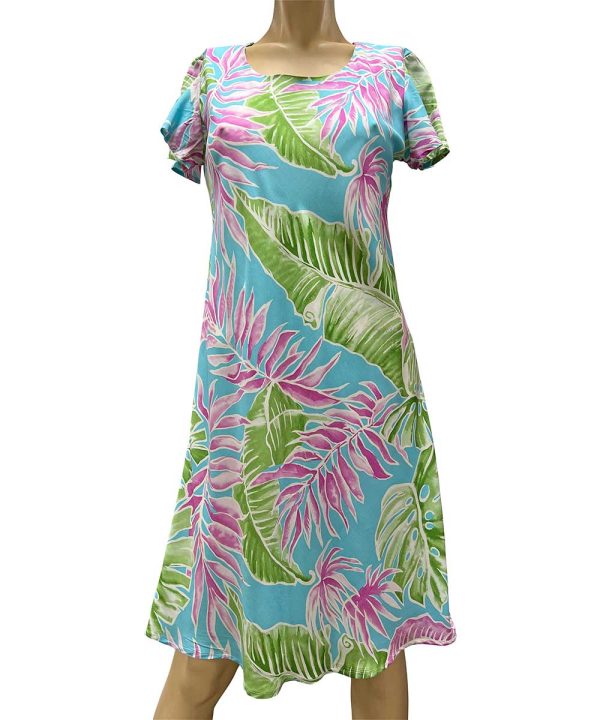 Hawaiian Cabana Palms Aqua A-Line Dress with Cap Sleeves