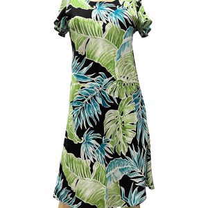 Hawaiian Cabana Palms Black A-Line Dress with Cap Sleeves