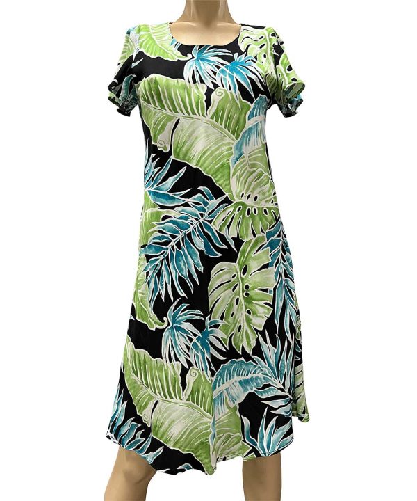 Hawaiian Cabana Palms Black A-Line Dress with Cap Sleeves