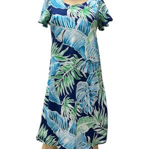 Hawaiian Cabana Palms Navy A-Line Dress with Cap Sleeves