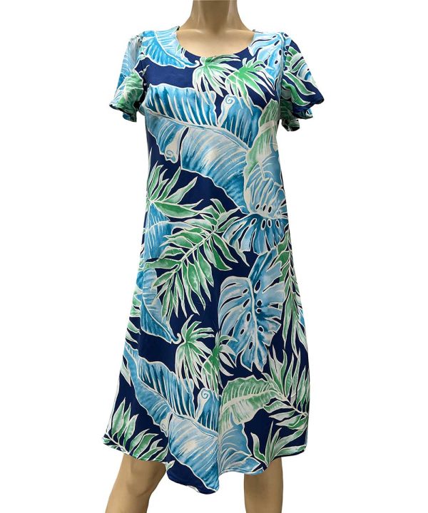 Hawaiian Cabana Palms Navy A-Line Dress with Cap Sleeves