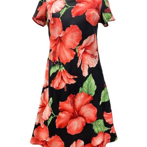 Hawaiian Super Hibiscus Black A-Line Dress with Cap Sleeves
