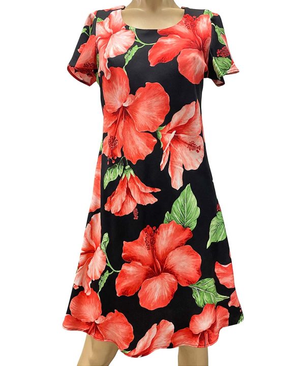 Hawaiian Super Hibiscus Black A-Line Dress with Cap Sleeves