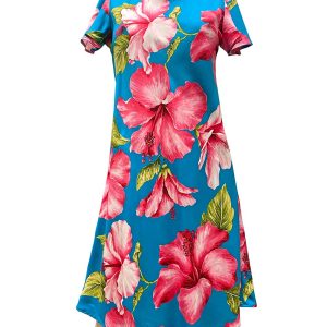 Hawaiian Super Hibiscus Teal A-Line Dress with Cap Sleeves