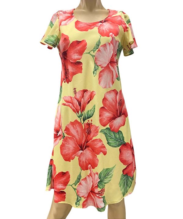 Hawaiian Super Hibiscus Yellow A-Line Dress with Cap Sleeves