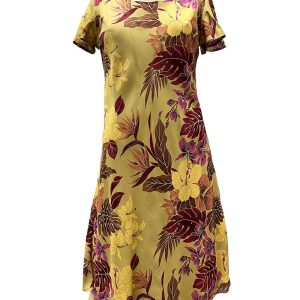 Hawaiian Hilo Gold A-Line Dress with Cap Sleeves