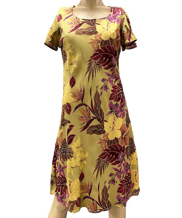 Hawaiian Hilo Gold A-Line Dress with Cap Sleeves