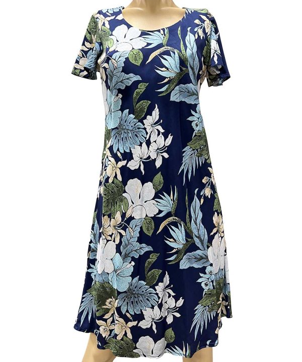 Hawaiian Hilo Navy A-Line Dress with Cap Sleeves
