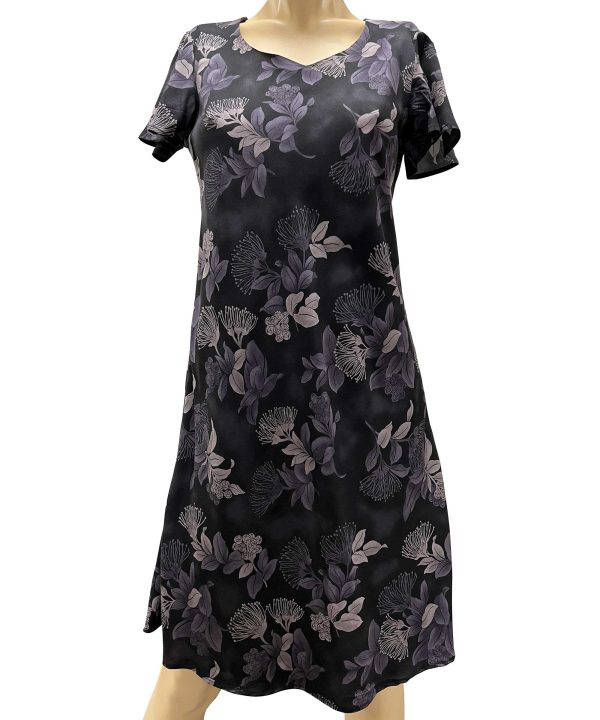 Hawaiian Ohia Black A-Line Dress with Cap Sleeves
