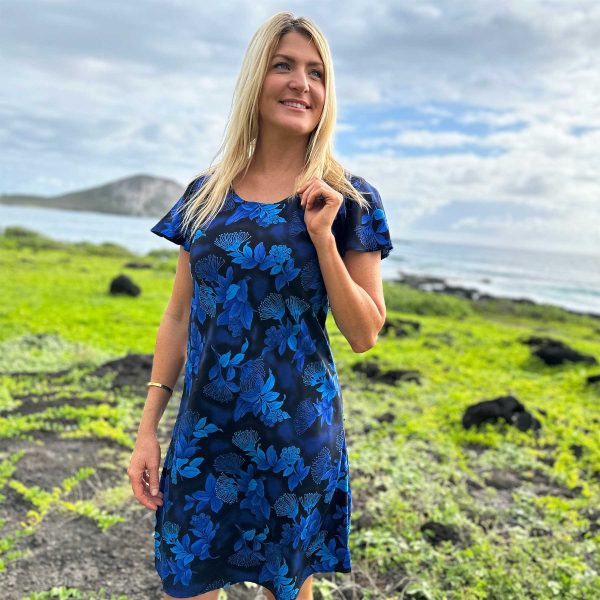 Hawaiian Ohia Navy A-Line Dress with Cap Sleeves - Image 2
