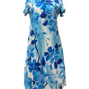 Watercolor Hibiscus Blue A-Line Dress with Cap Sleeves for Beach and Casual Wear