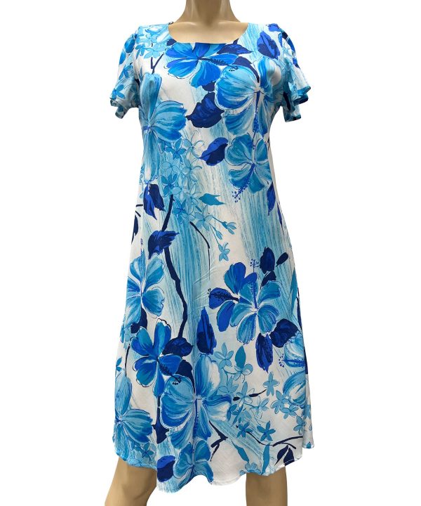 Watercolor Hibiscus Blue A-Line Dress with Cap Sleeves for Beach and Casual Wear