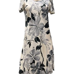 Watercolor Hibiscus Gray A-Line Dress with Cap Sleeves for Beach and Casual Wear