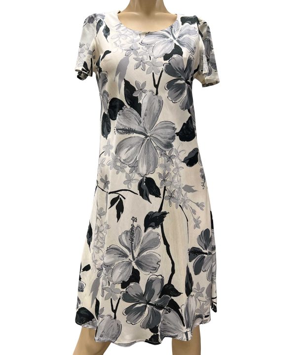 Watercolor Hibiscus Gray A-Line Dress with Cap Sleeves for Beach and Casual Wear
