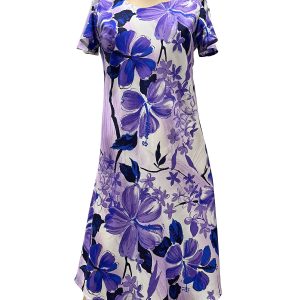 Watercolor Hibiscus Purple A-Line Dress with Cap Sleeves for Beach and Casual Wear