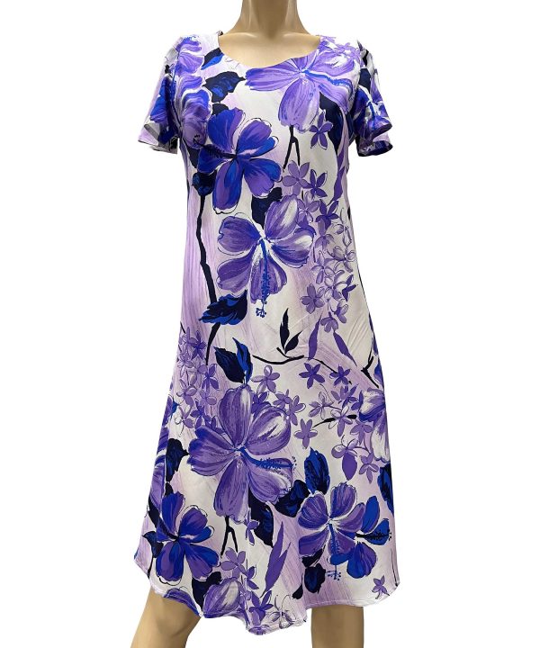 Watercolor Hibiscus Purple A-Line Dress with Cap Sleeves for Beach and Casual Wear