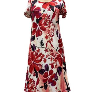 Watercolor Hibiscus Red A-Line Dress with Cap Sleeves for Beach and Casual Wear