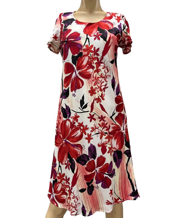 Watercolor Hibiscus Red A-Line Dress with Cap Sleeves for Beach and Casual Wear