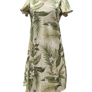 Hawaiian White Ginger Khaki A-Line Dress with Cap Sleeves