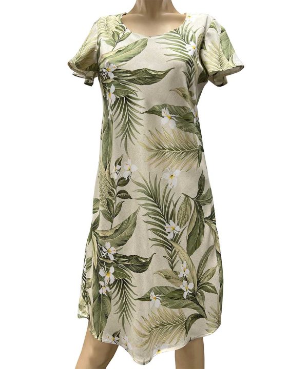 Hawaiian White Ginger Khaki A-Line Dress with Cap Sleeves