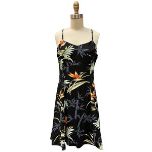 Hawaiian Bamboo Paradise Black Spaghetti Dress