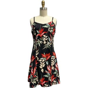 Hawaiian Heliconia Paradise Black Spaghetti Dress