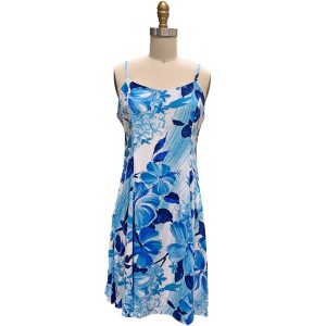 Hawaiian Watercolor Hibiscus Blue Spaghetti Dress