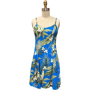 Hawaiian White Ginger Blue Spaghetti Dress