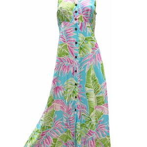 Hawaiian Cabana Palms Aqua Button Front Tank Dress