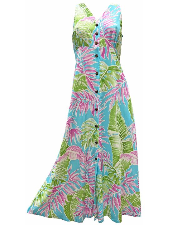 Hawaiian Cabana Palms Aqua Button Front Tank Dress