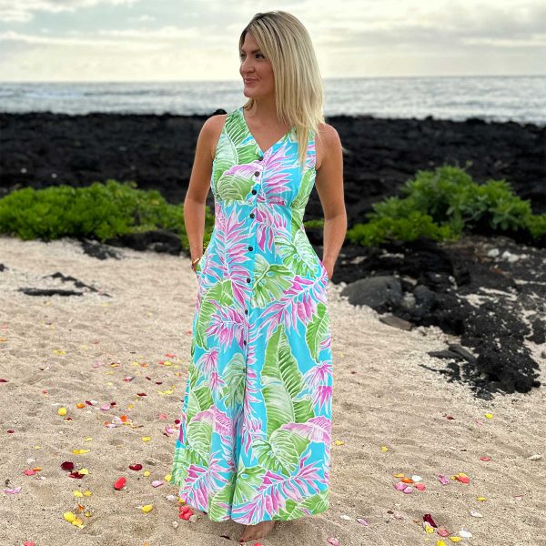 Hawaiian Cabana Palms Aqua Button Front Tank Dress - Image 2