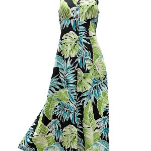 Hawaiian Cabana Palms Black Button Front Tank Dress