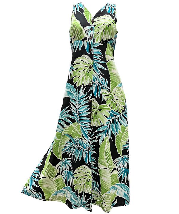 Hawaiian Cabana Palms Black Button Front Tank Dress